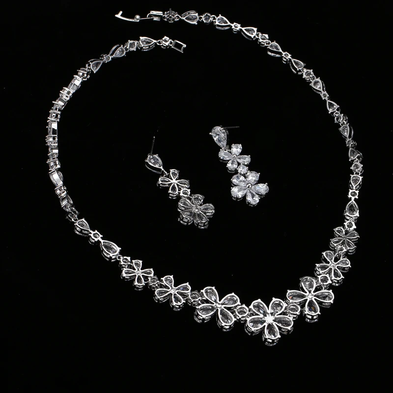 EMMAYA New Flower Jewelry Set Silver Color Austrian Crystal Cz Earring/Necklace Sets for Women Wedding Jewelry