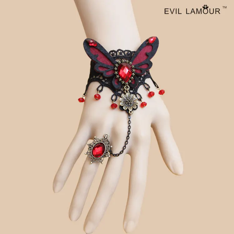 Princess classic lolita goths bracelet Fashion handmade butterfly blalck lace bracelet with rring chain prom jewelry WS-257