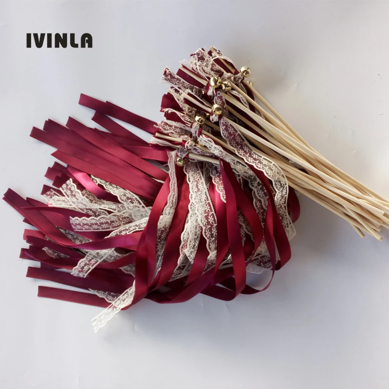 50pcs/lot Wine Red Ribbon Wands With Gold Bell for wedding decoration