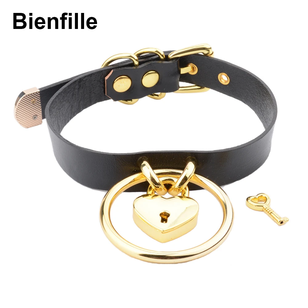 Punk Gothic Hand Crafted 100% Real Leather Choker 60mm O Round Gold Collar Kawaii Love Heart Necklace Women Lockable BDSM Choker