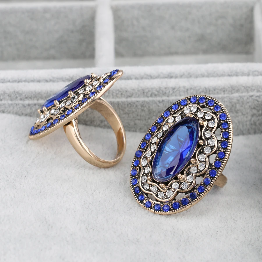 2020 New Charm Blue Big Ring Color Ancient Gold Vintage Wedding Rings For Women Mosaic White Crystal Fashion Jewelry