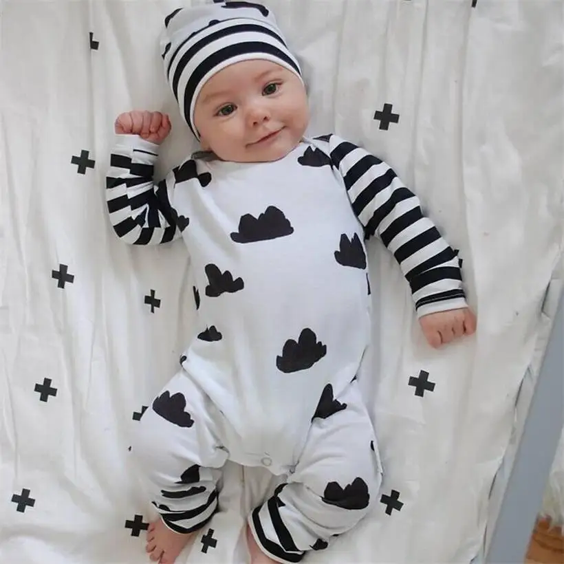 New Arrival Baby Boy Rompers Hat Suit Newborn Jumpsuits Cloud Black Stripe Bebe Roupas Baby Girl Clothes 100% Cotton