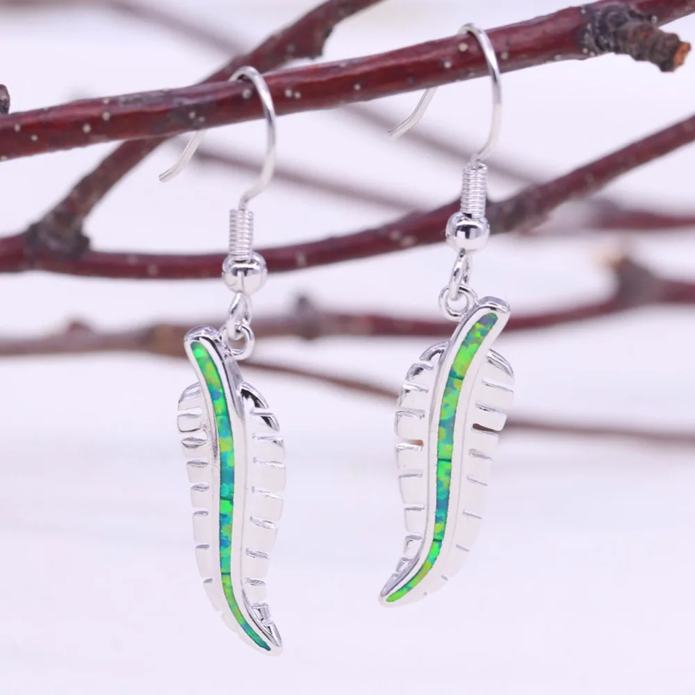 CiNily Green Fire Opal Drop Earrings for Women Silver Plated Feather Shaped Dangle Earrings Fashion Jewelry Best Gifts for Girl