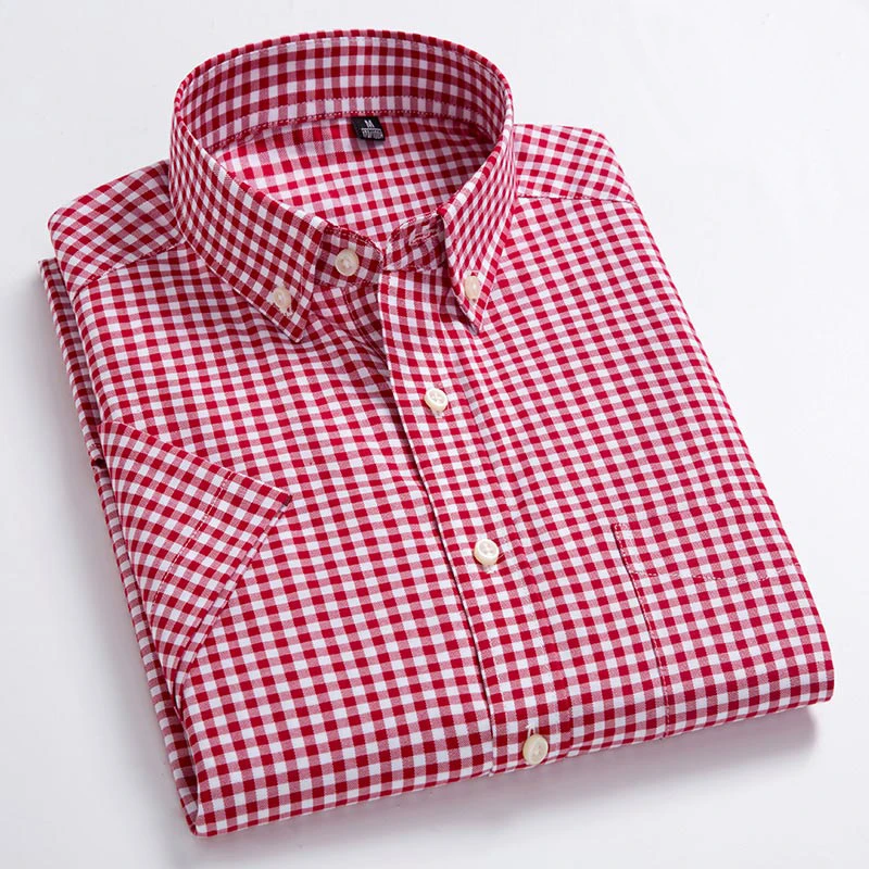 Camisas Oxford de manga curta masculina, vestido xadrez, 100% algodão, casual, design de lazer, social, alta qualidade