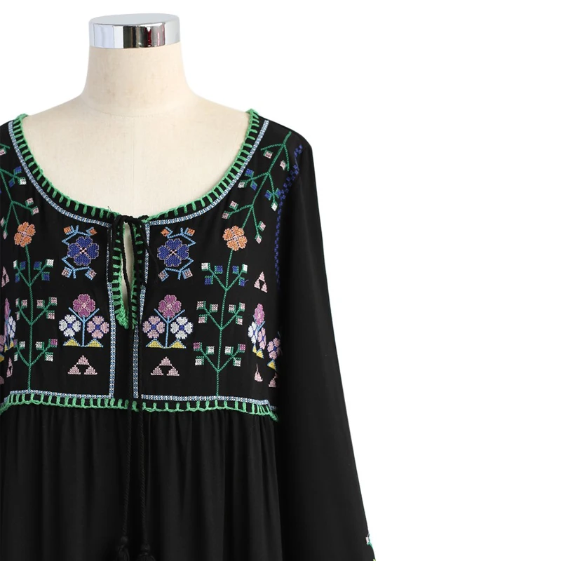 Black dress floral embroidered boho dress Vintage o-neck tassel long Sleeve dresses hippie long women dress brand clothing