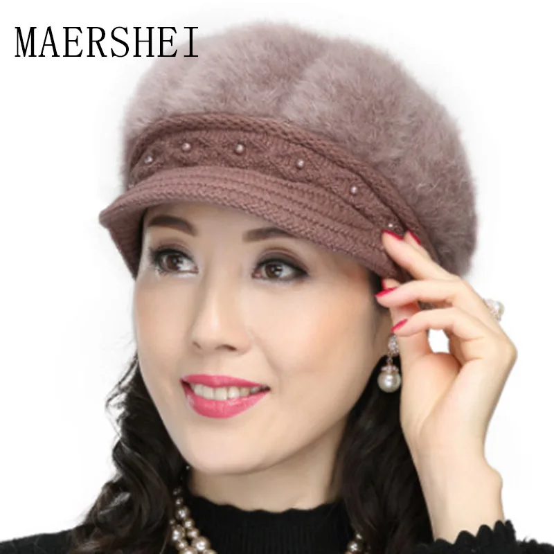 MAERSHEI Women's winter cotton hat knit middle-aged hat retro woman plus velvet winter warm mother rabbit wool cap