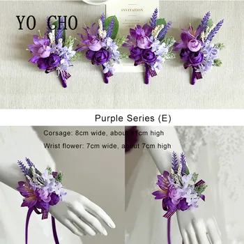 YO CHO-flores moradas para la muñeca para dama de honor, ramilletes y ojales hechos a mano para boda, broche de rosa Artificial para novia y novio