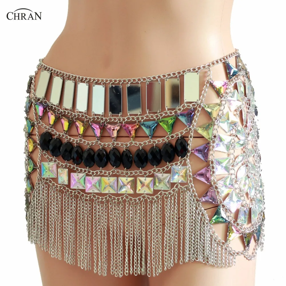 Sexy Women Beading Belly Chains Fringe Mini Skirt Sparkly AB Iridescent Belts Nightclub Party Gem Dress Festival Wear Jewelry