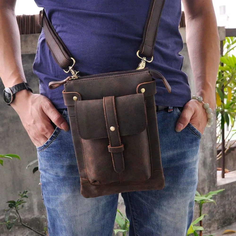 Couro masculino multifunction designer casual crossbody bolsa de ombro mensageiro moda cinto pacote saco telefone comprimidos caso 8711