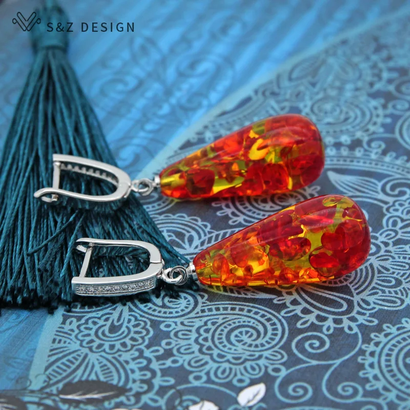 S&Z DESIGN New Trendy Colorful Flower Water Drop Dangle Earrings Women Wedding Fine Jewelry 585 Rose Gold Color Eardrop