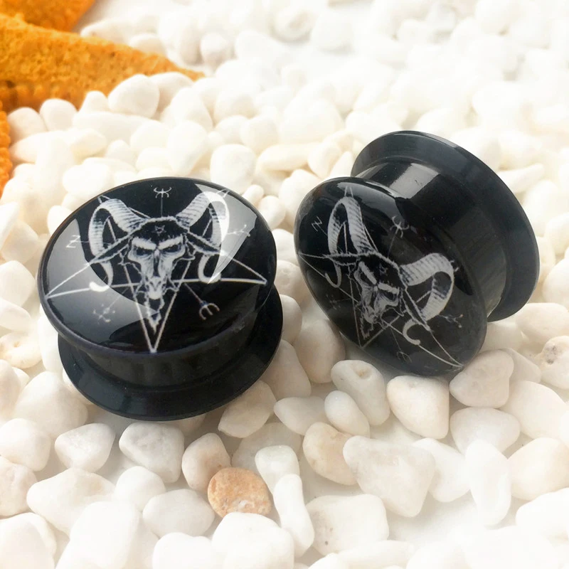 2pcs Sheepshead Acrylic Ear Plugs Tunnels Screw Ear Gauge Expander Stretcher Lobe Piercing Oreja Body Jewelry Baphomet Pentagram