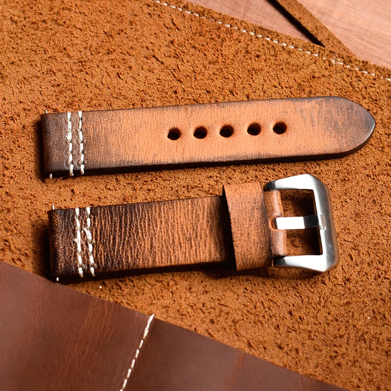 Thick Leather Watch Strap 20/22/24/mm Men\'s Antique Wrist Strap Band Replacement Watchband Frosted Stainless Steel Buckle KZV09