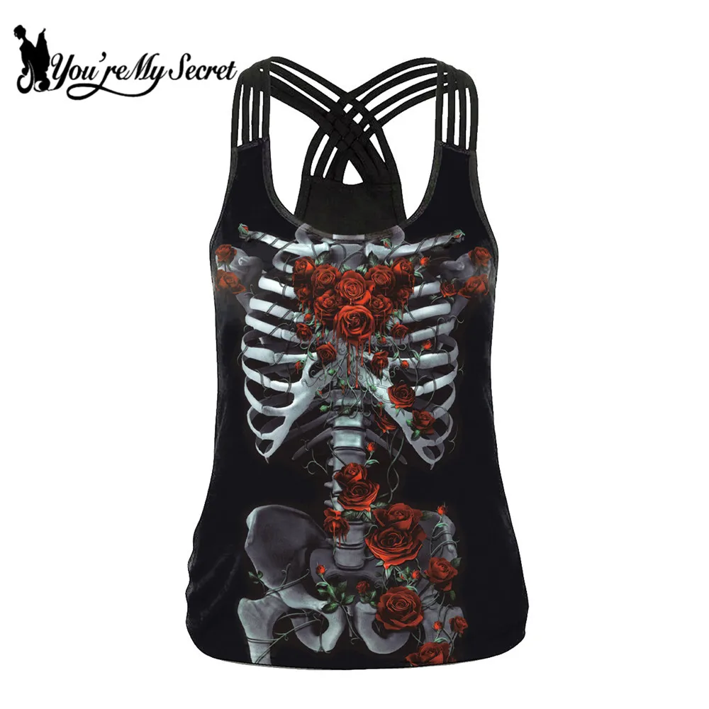 [You're My Secret] Classic Skeleton Red Rose Printing Women Tank Tops Fashion Sexy Sling Top Gothic Streetware Vest Tops Summer