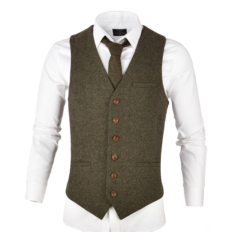 VOBOOM Wool Tweed Mens Waistcoat Single-breasted Herringbone Slim Fitted Suit Vests 007