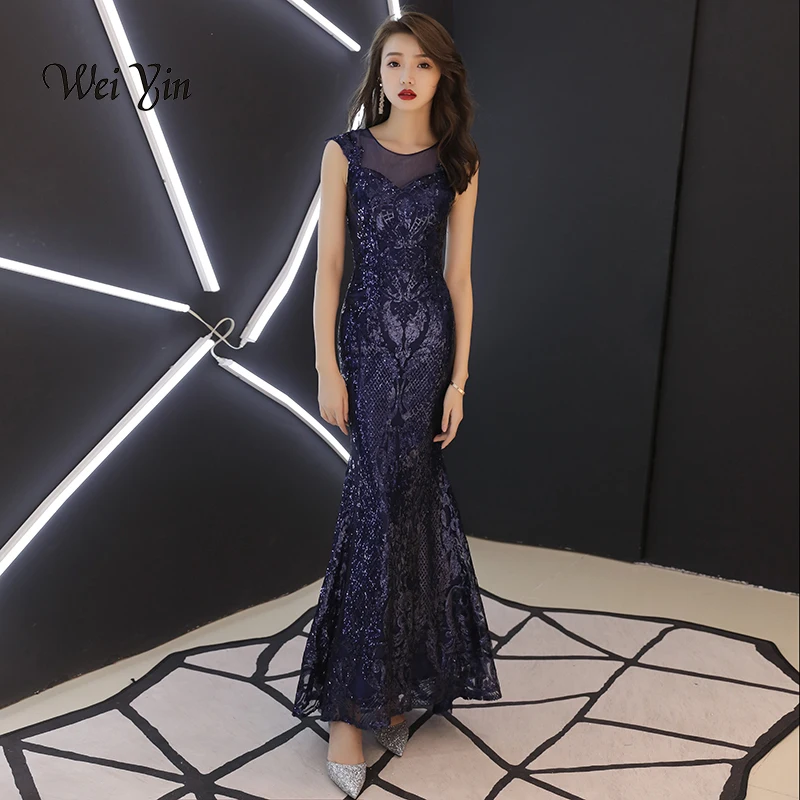 

weiyin 2023 New Elegant O-neckSleeveless Navy Blue Sequined Mermaid Evening Dresses Long Special Occasion Dresses WY874