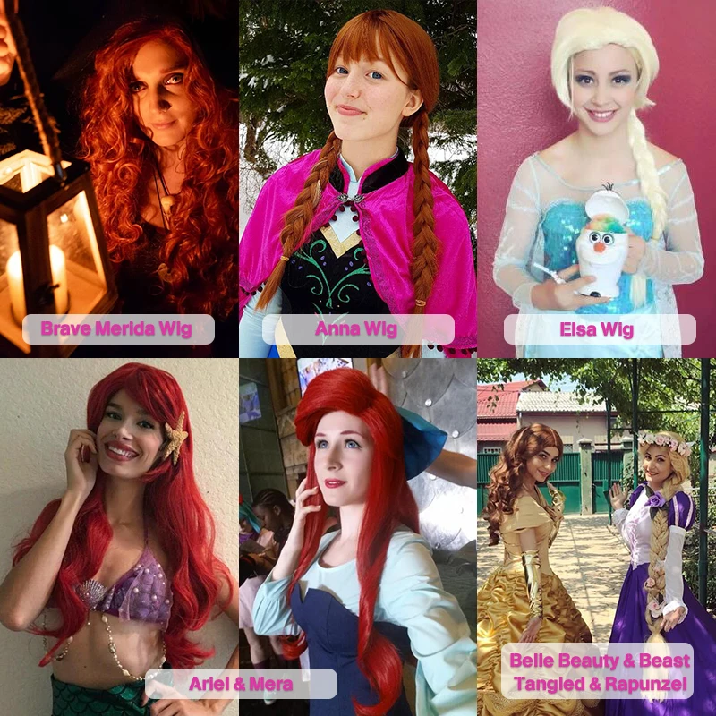 Anogol odważny Merida Elsa Anna mała syrenka Mera Ariel Belle piękna i bestia splątane i rozmyśze peruka do Cosplay na impreza z okazji Halloween