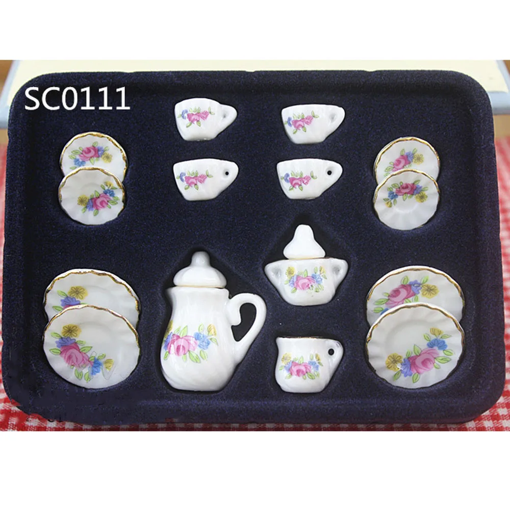 15Pcs 1/12 accessori per case delle bambole in miniatura Mini Set da tè in ceramica simulazione bollitore piatto tazza modello giocattoli decorazione casa delle bambole