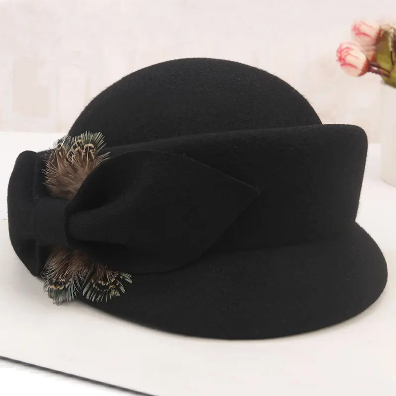 Lady Fedoras Wool Hat Woman Autumn Winter Dome Cap Female Fashion Elegance Flowers Decorate Leisure Dome Headwear  B8957