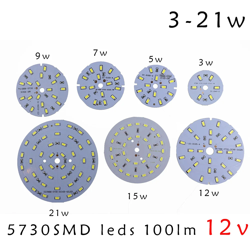 

Super bright SMD5730 PCB 12V 100LM/W Lamp 3W 5W 7W 9W 12W 15W 21W Led Bulb White/ Warm White for Camping/Home lighting 10pc/lot