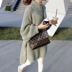 Herfst Winter Dikke Lange Trui Vrouwen Lantaarn Mouw Side Slit Half Coltrui Truien Truien Oversized Pull Hiver Femme