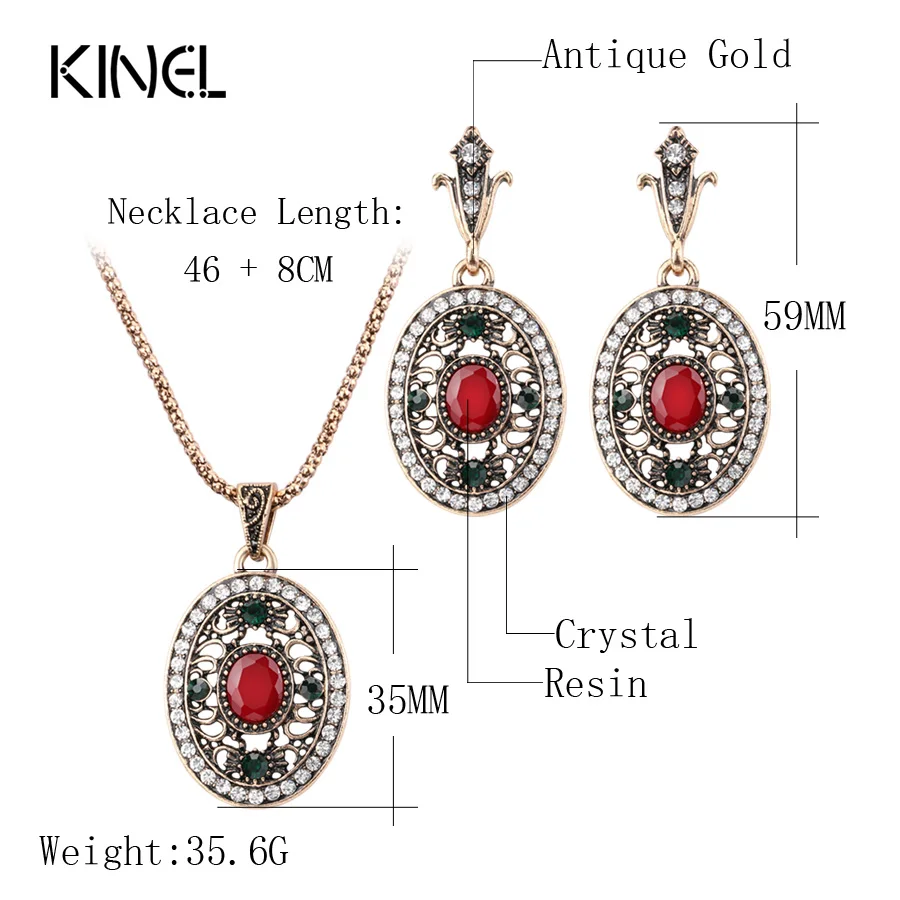 Kinel 2Pcs Turkey Wedding Jewelry Sets For Women Dubai Antique Gold Color Oval Earrings And Necklaces Retro Jewelry Crystal Gift