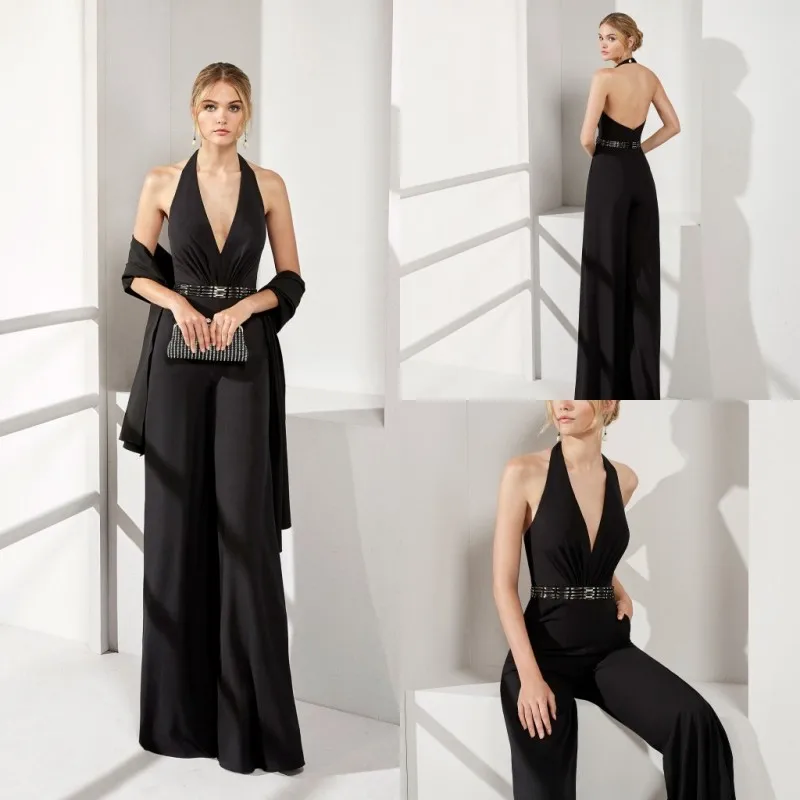 Elegant Black Mother of the Bride Dresses Sleeveless Halter Neck Ruched Backless Chiffon Jumpsuits robe de soiree