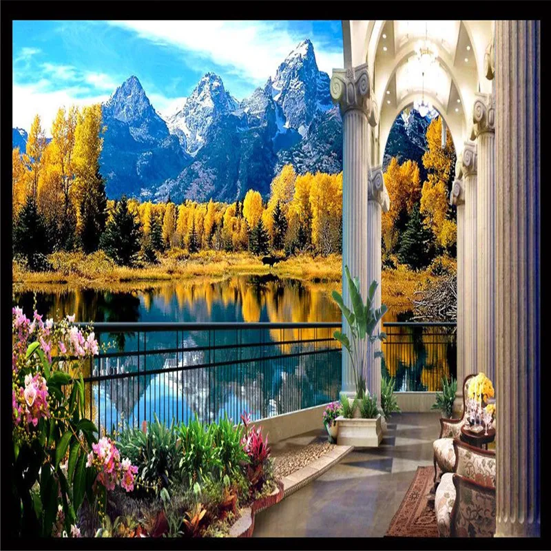

Beibehang3D балкон альпийский клен озеро пейзаж фон современная Европа росписи для гостиной большой живописи домашний декор