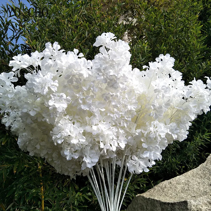 Hortênsia de seda artificial com ramo branco, neve à deriva Gypsophila, flores de cerejeira, decoração do arco do casamento, flor falsa, 90cm