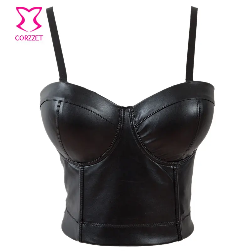 

Black PU Leather Push Up Bar Bralet Bras For Women Bustier Crop Top Camis Club Party Bralette B Cup Plus Size Cropped Feminino