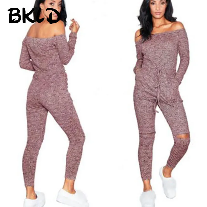 Bkld Frauen schulter frei Overall Bodycon Langarm Clubwear gestrickt aushöhlen Hosen Stram pler dünn sexy Overalls weiblich 2024