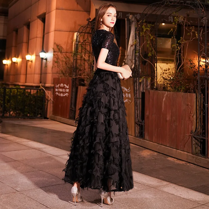 Customized Long Evening Dresses Women Elegant Sexy Lace O neck Long Evening Gown Black Sequined Dress robe de soiree WY1083