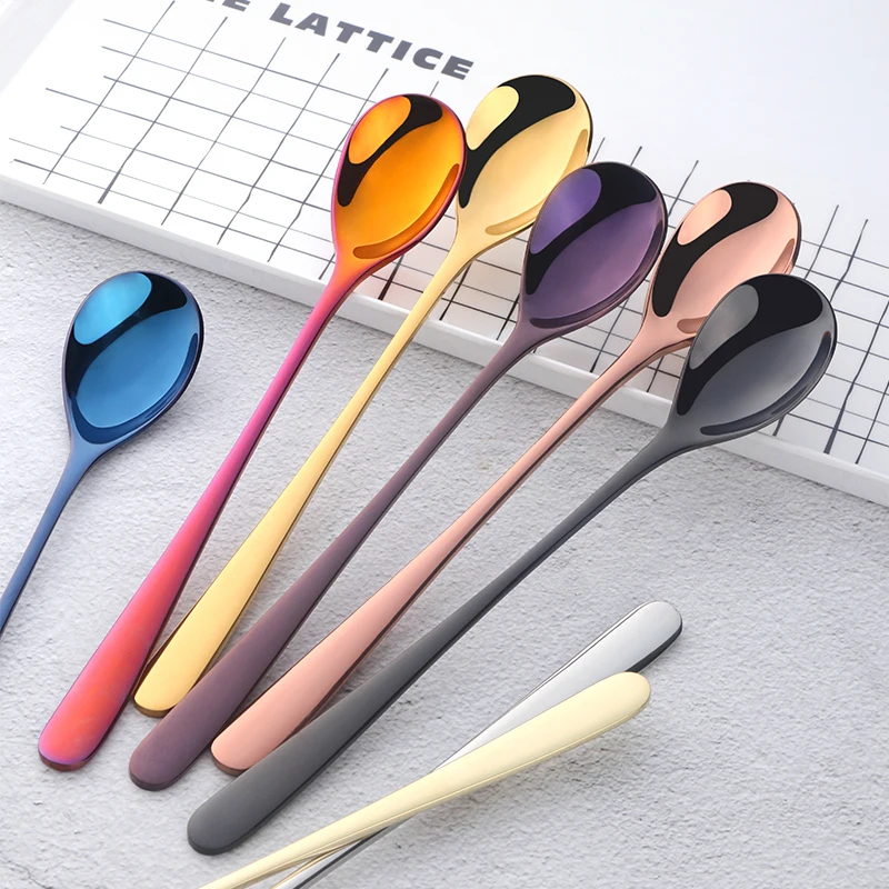 1PC 18/10 Stainless Steel Long Handle Ice Spoon 9 Color Rainbow Tableware For Coffee&Tea Ice Cream Dessert Stirring Spoons Scoop