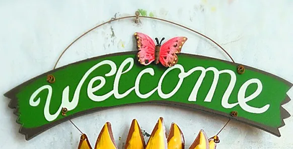 Creative Vintage Iron Metal Crafts Painting Butterfly Sunflower Flower Welcome Sign Door Hanging for Home Pub Club Wall Decor