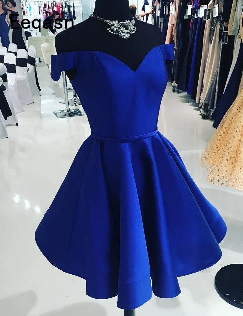 Kurze Royal Blue Cocktail Kleider Weg Von der Schulter A-Line Satin Frauen Formales Abschlussball-partei-kleid Homecoming Kleid Halb Formale Kleid