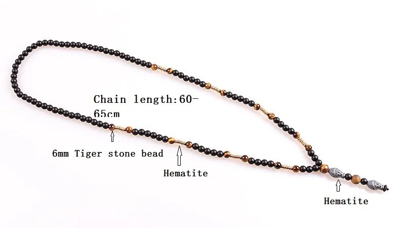 6mm Black Stone with Hematite Carving  Buddha Bead Surfer necklace Unisex Lariat Mala necklace