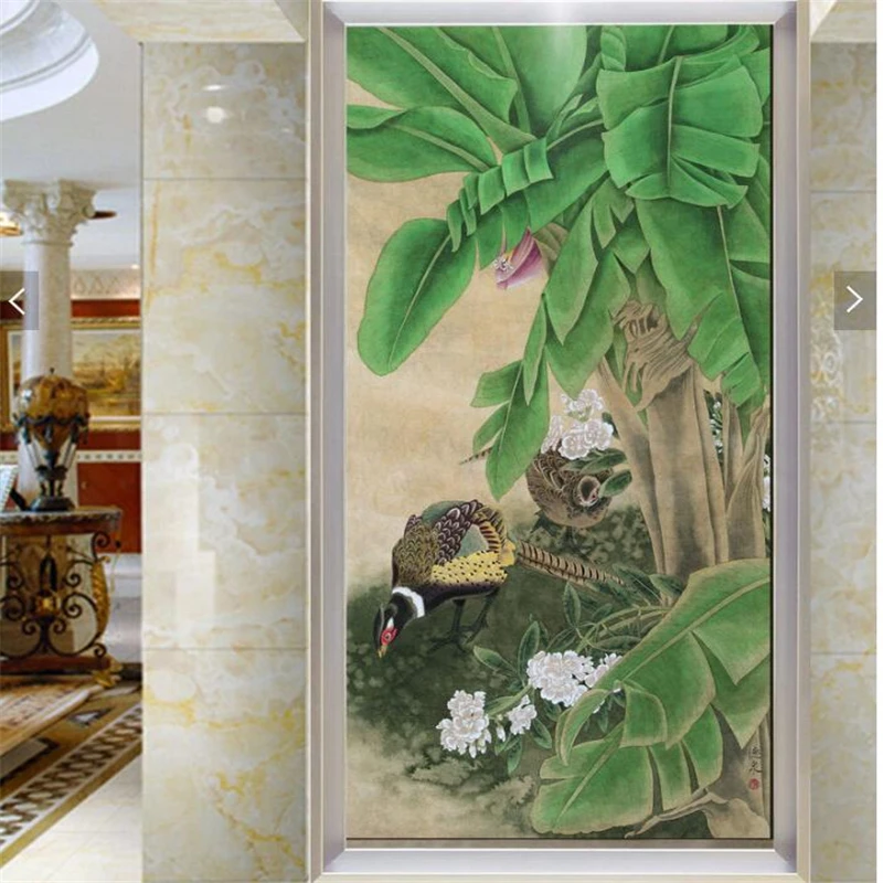 

beibehang Custom wallpaper 3d mural pheasant flowers under banana tree painting aisle decorative painting living room wallpaper