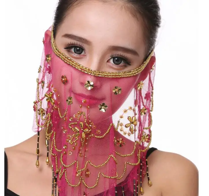 Velos de cara de danza del vientre de malla bordada para mujer, velo de flor de ciruelo, disfraz de baile indio, accesorios de joyería, máscara