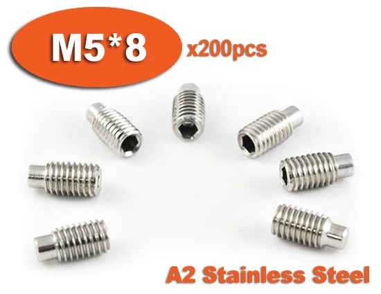 

200pcs DIN915 M5 x 8 A2 Stainless Steel Screw Dog Point Hexagon Hex Socket Set Screws