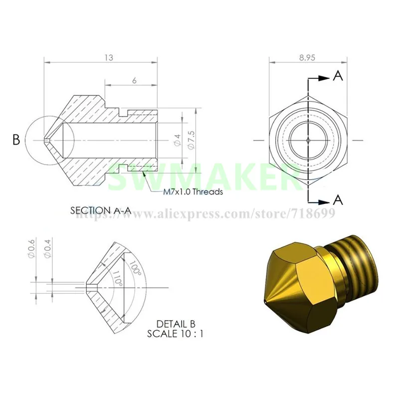 Obrázek 6: 1set 3D tiskárna MK10 extrudér hotend 0.4mm tryska hrdlo ohřívač blok pro flashforge wanhao CTC