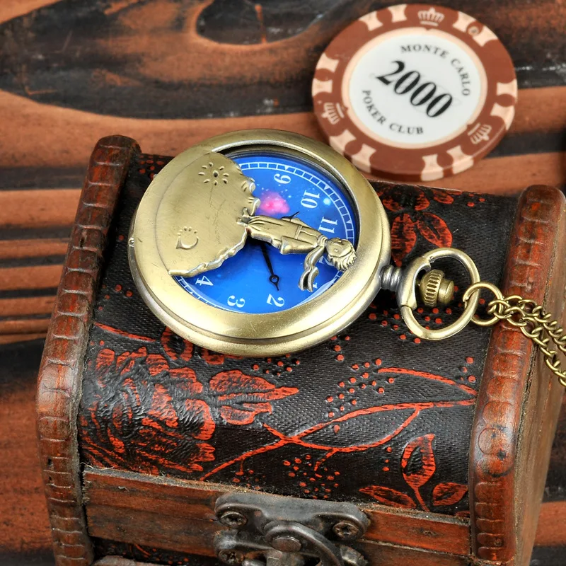 TFOFashion Vintage Quartz Pocket Watch para crianças, menino, pequeno príncipe, planeta azul, bronze, presentes populares