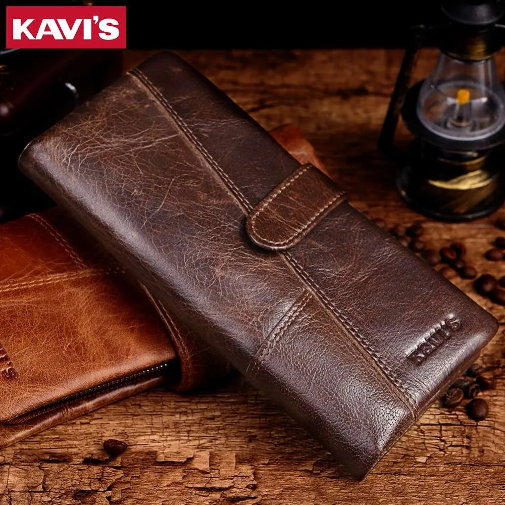 KAVIS Luxury Brand 100% Genuine Cowhide Leather Portomonee Vintage Walet Male Wallet Men Long Clutch with Coin Purse Pocket Rfid