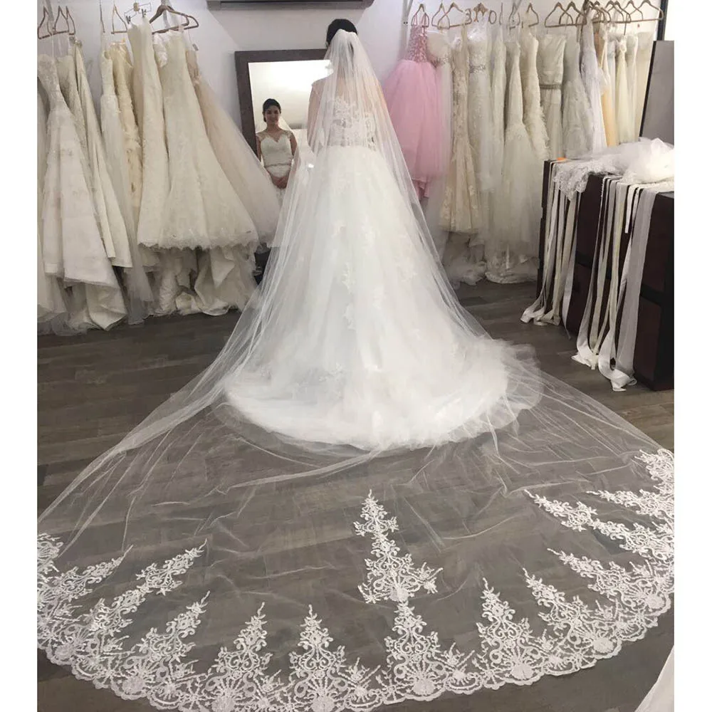 High Quality Long 4 Meters Lace Wedding Veil One Layer 4M Bridal Veil with Comb Wedding Accessories Welon