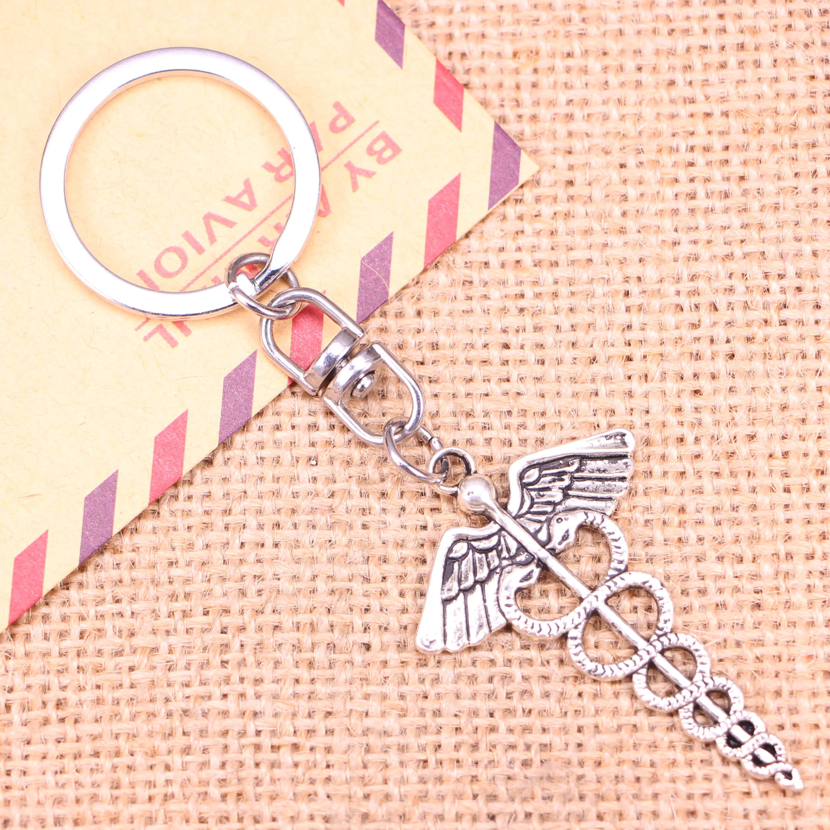 20pcs New Fashion Keychain 49x30mm caduceus medicine symbol Pendants DIY Men Jewelry Car Key Chain Ring Holder Souvenir For Gift