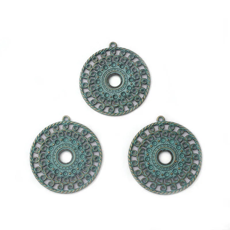 5pcs Verdigris Patina  Carve Hollow Round Charms Pendants 10mm bezel blank For Handmade Necklace Jewelry Findings Making