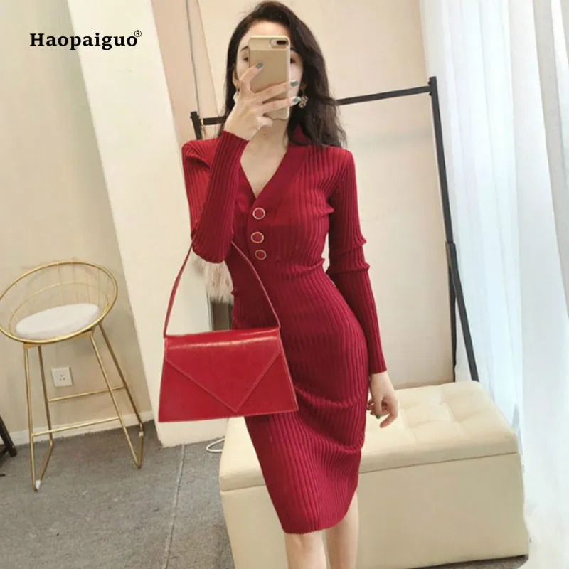 

Women Solid Pencil Dress Black Pink Red Full Sleeve V-neck Knee-length Elegant Office Lady Knitting Dress Autumn Casual Dresses