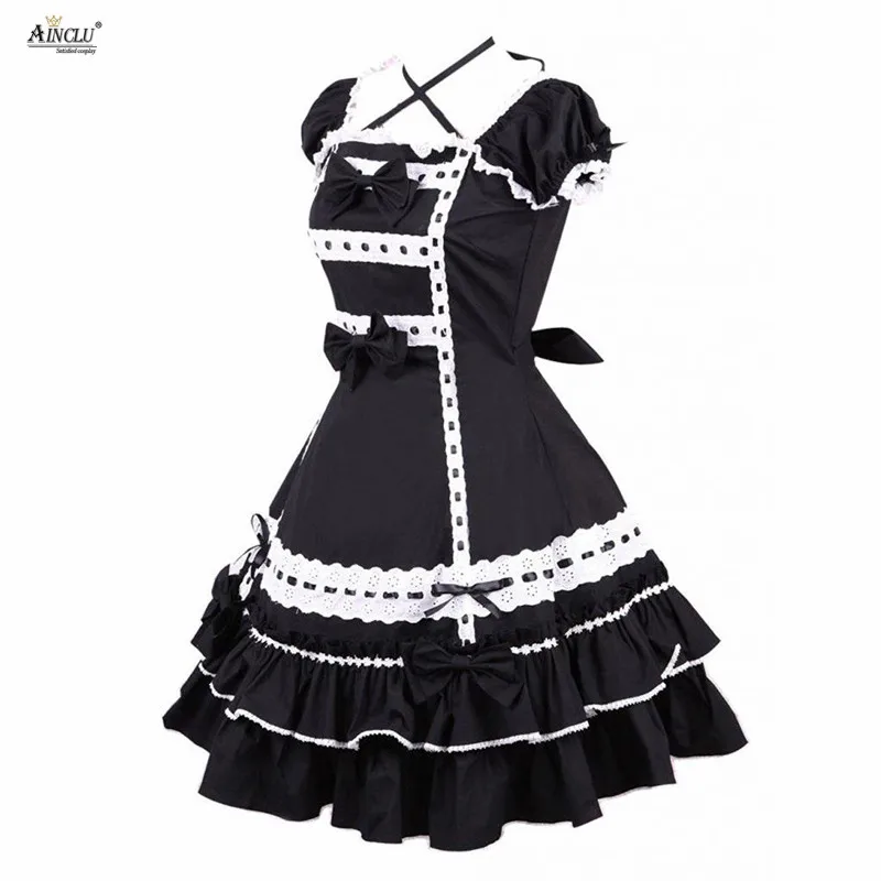 Ainclu Cemavin Womens Girls New Arrival Cotton Black Bows Classic A-line Lolita Dress with Sling White Lacy Free shipping