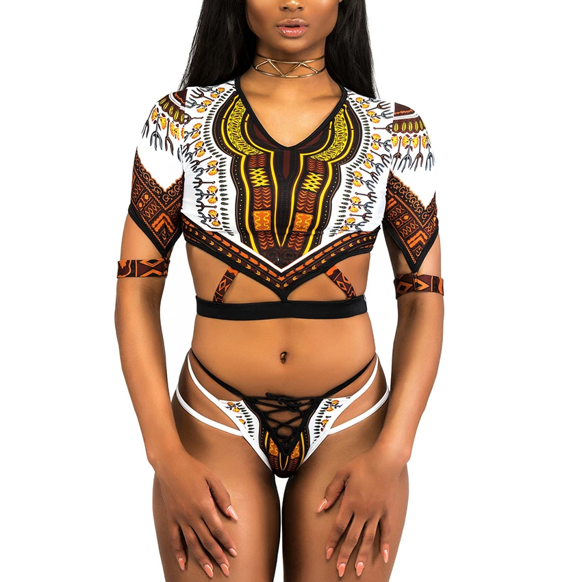 African Print Short Sleeve Bikini 2024 Women Swimsuit Female Swimwear Two pieces Bikini Set High Cut Bather Bathing Suit Swim