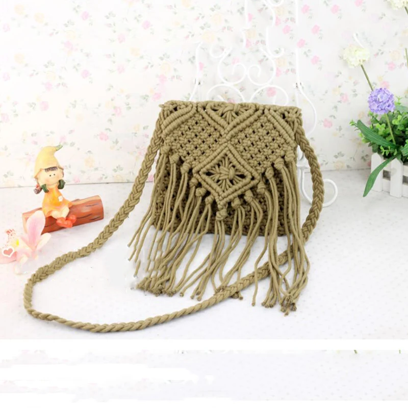 Neue Strohs ack böhmische Quaste Strand tasche Frauen häkeln Fransen Cross body ultraleichte Umhängetasche Frauen kleine Bolsos Feminina – Detail 5