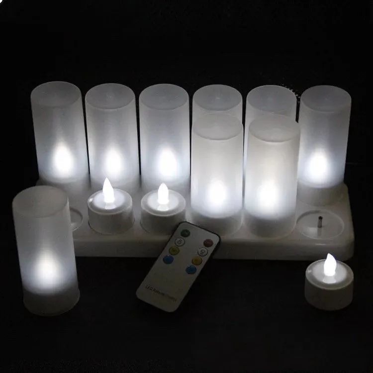 

set of 12 Remote controlled Rechargeable Flameless TeaLight candle lamp 4H/8H timer controller Frosted holder f/Xmas Party Decor