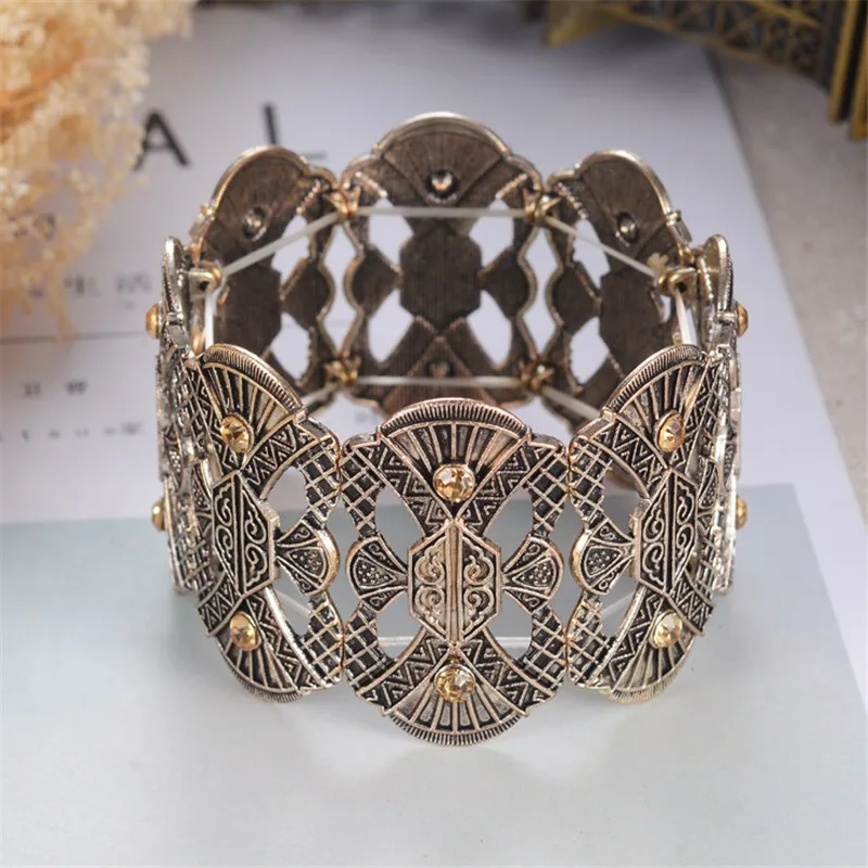 Wholesale Vintage Bracelet For Women Men Adjustable Jewelry Gold Color Alloy Crystal Bracelets Homme Ethnic Wide Bangles